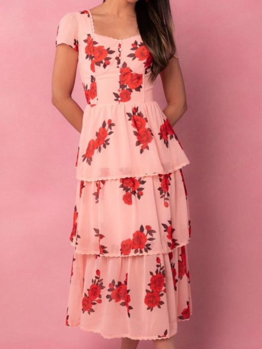 IVY CITY CO Feminine Roses are Red Tiered Coquette Romantic Maxi Dress NWT - Picture 1 of 9
